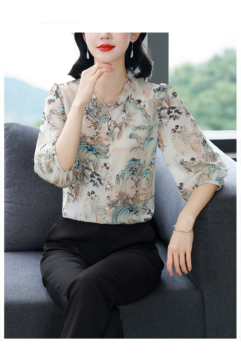 Women's Floral Print Ruffle Button Loose Blouses Top