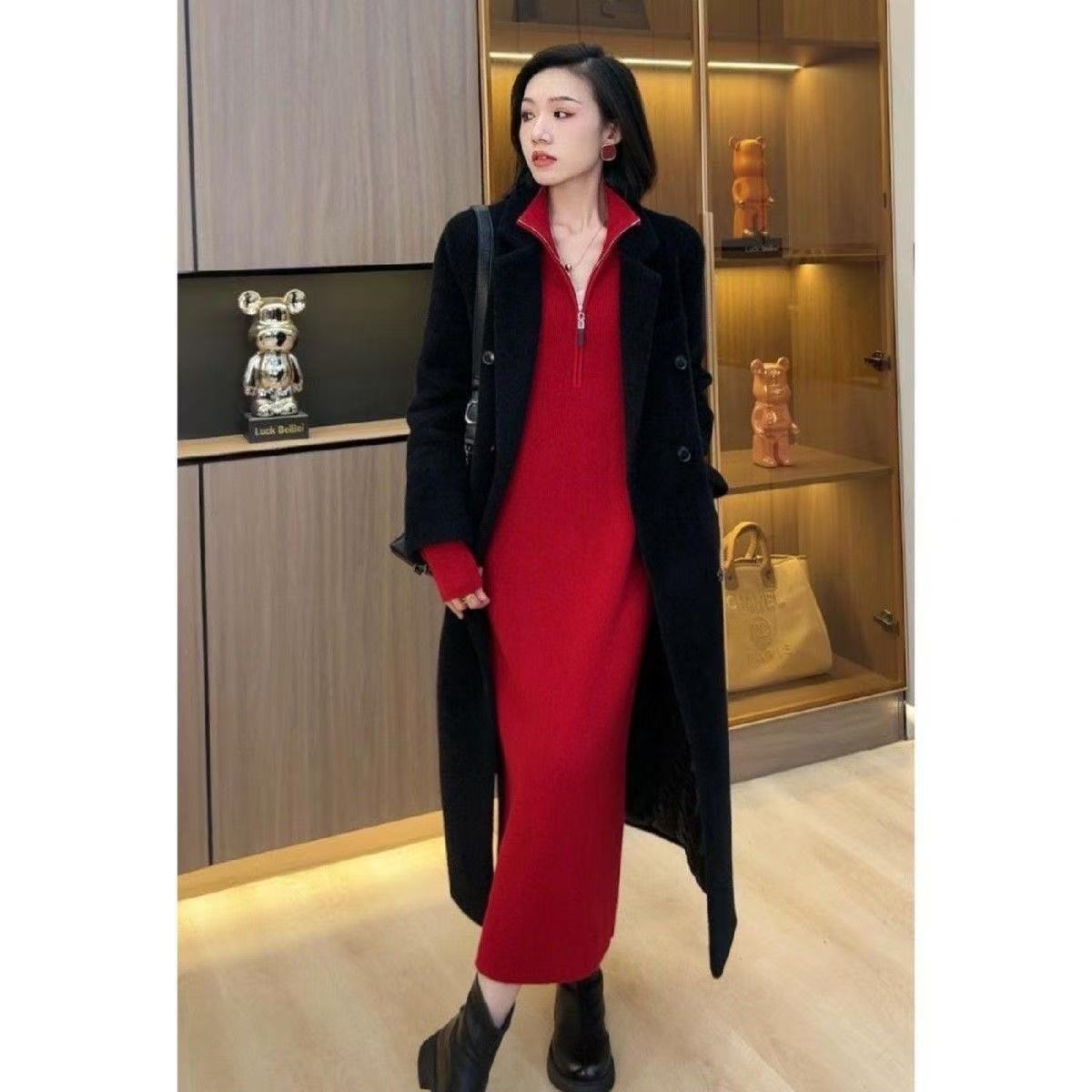 Women's Knit Long Sleeve Quarter Zip Sweater Maxi Dress
