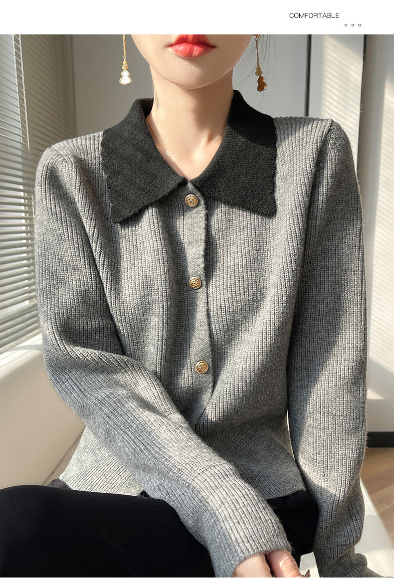 Women's Lapel V Neck Cardigan Sweater Knit Blouse