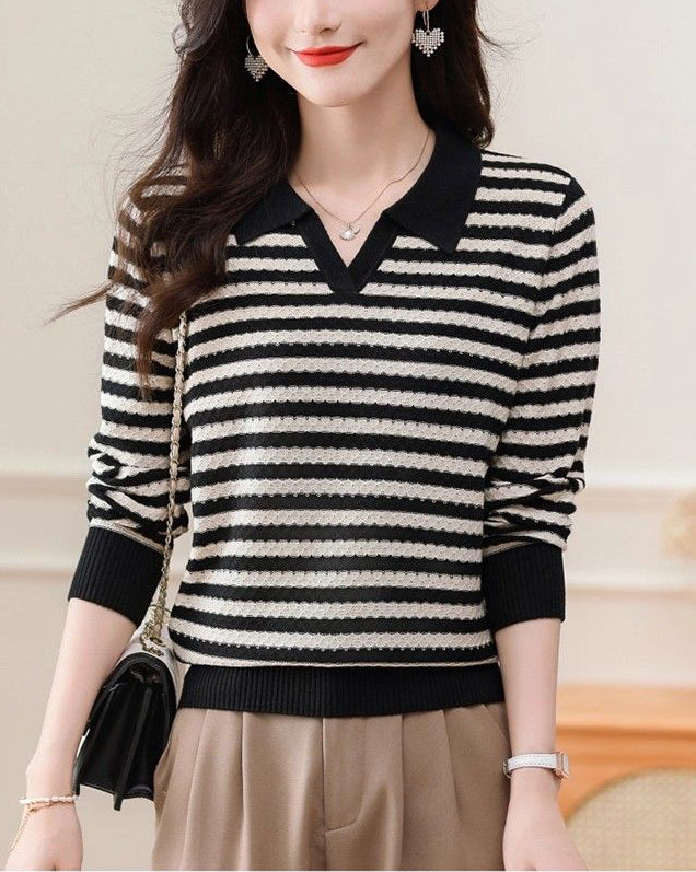 Women's Striped Sweater Lapel Ribbed Pullover Knit