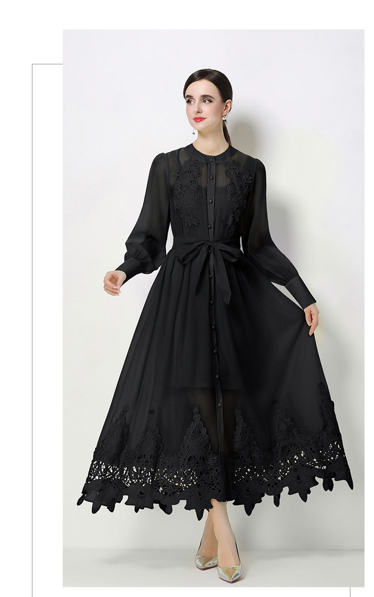 Sheer Embroidered Organza Maxi Dress with Slip & Belt - LAI MENG FIVE CATS