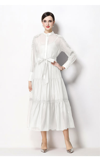 Elegant Bead Embroidery Loose Button Belted Maxi Dress - LAI MENG FIVE CATS