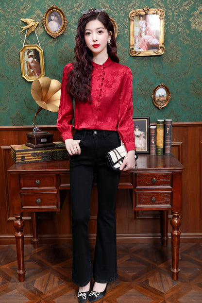 Women's Silk Satin Jacquard Long Sleeve Blouses