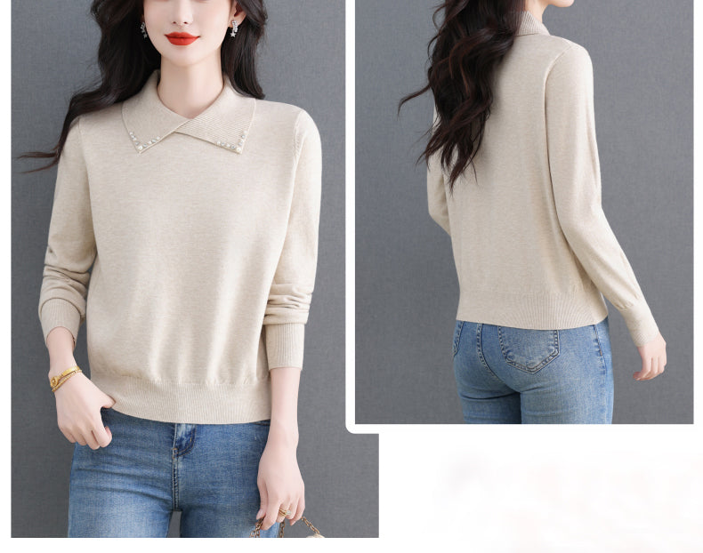 Women's Long Sleeve Sweater Lapel Collar Pullover Tops - LAI MENG FIVE CATS