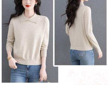 Women's Long Sleeve Sweater Lapel Collar Pullover Tops - LAI MENG FIVE CATS