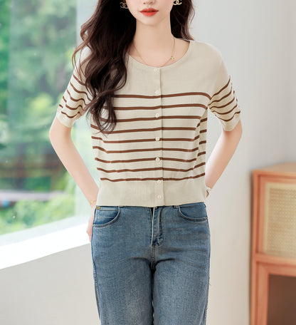 Women's Stripes Short Sleeve Knit Cardigan Tops