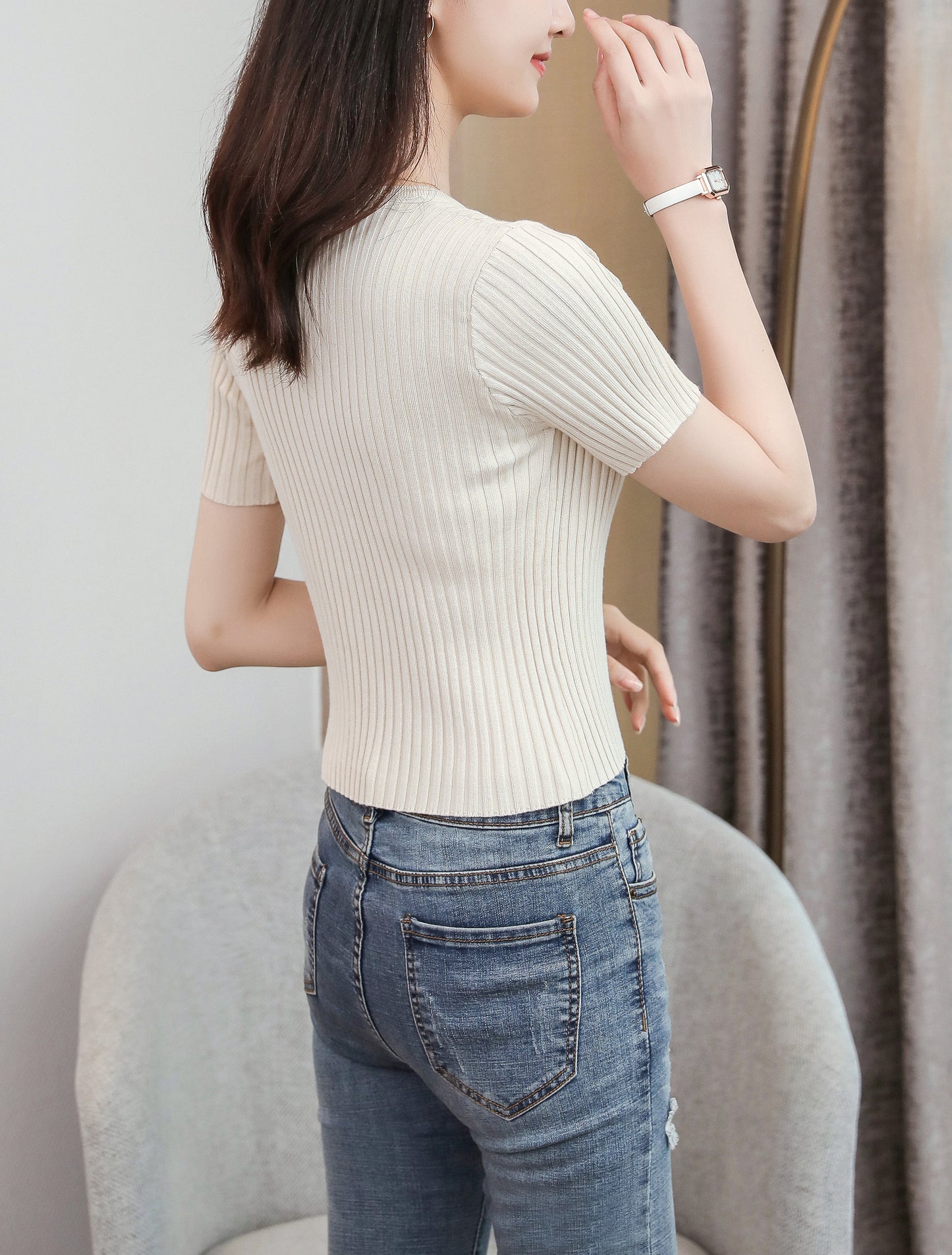 Women's V-Neck Knitted Thin Tops Ribbed Shirt