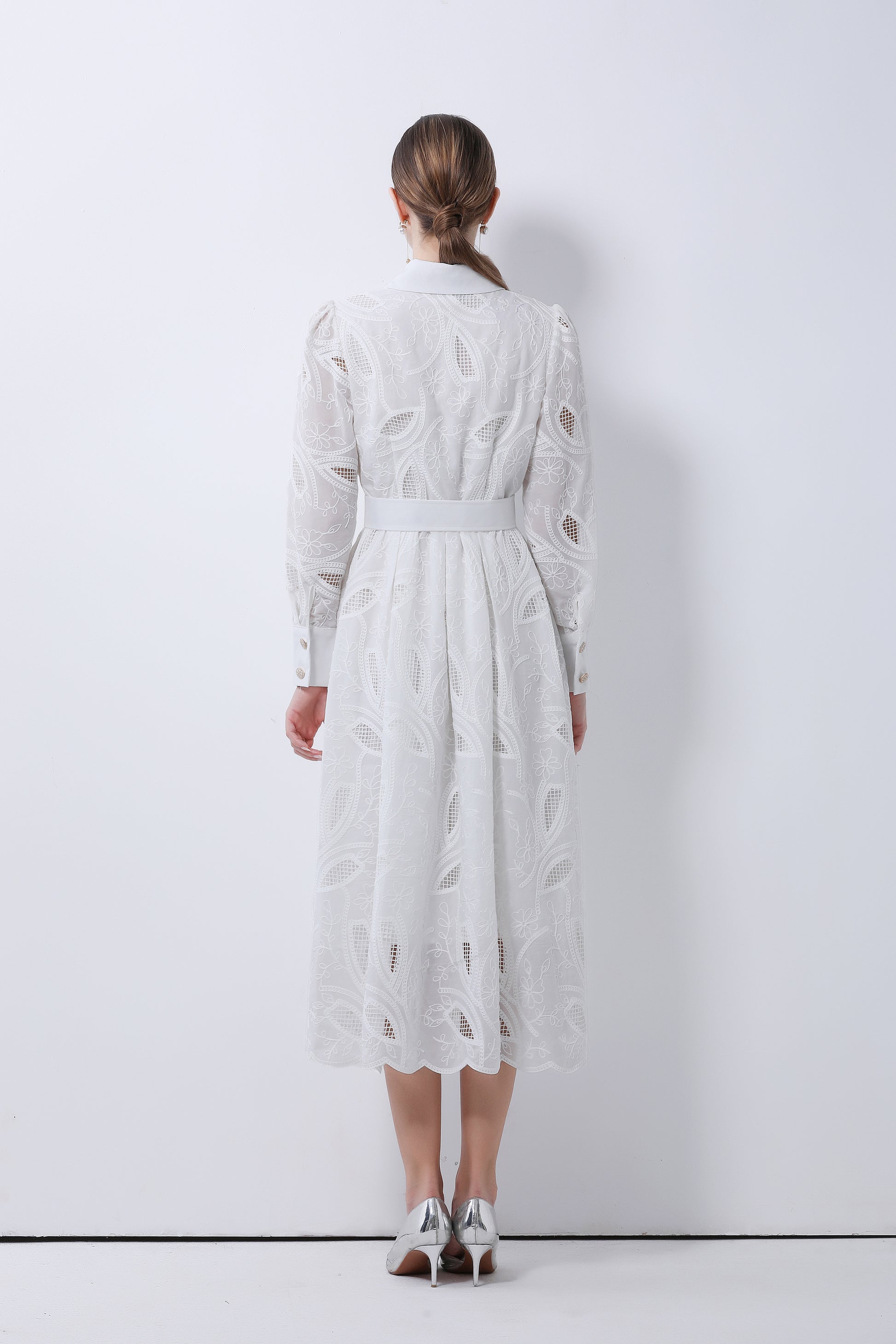 Women's Embroidery Hollow Out Lace Midi Dress - LAI MENG FIVE CATS