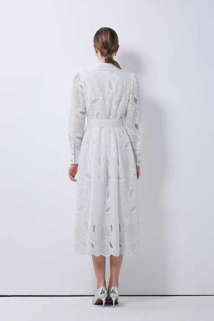 Women's Embroidery Hollow Out Lace Midi Dress - LAI MENG FIVE CATS