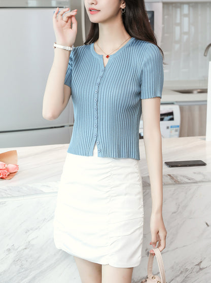 Women's V-Neck Knitted Thin Tops Ribbed Shirt
