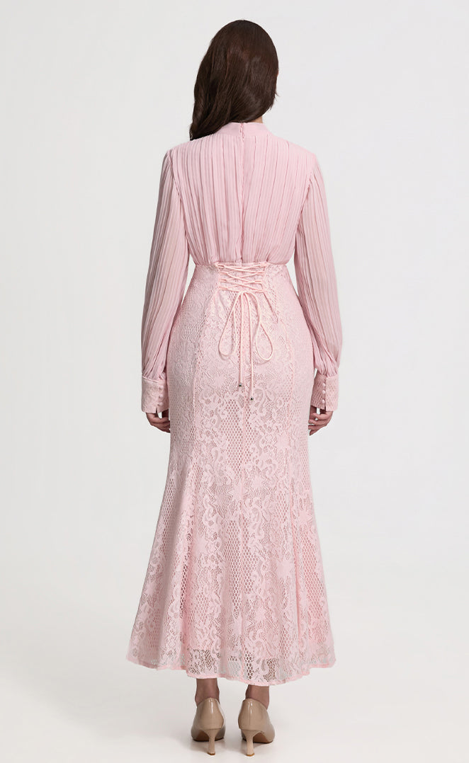 Elegant Pleated & Lace Midi Dress with Tie Neck, Beaded Details & Flounce Hem - LAI MENG FIVE CATS
