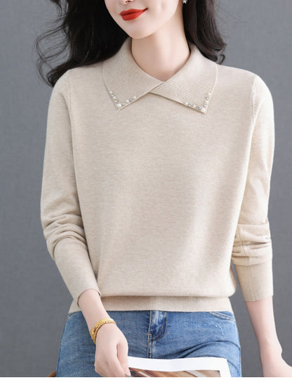 Women's Long Sleeve Sweater Lapel Collar Pullover Tops - LAI MENG FIVE CATS