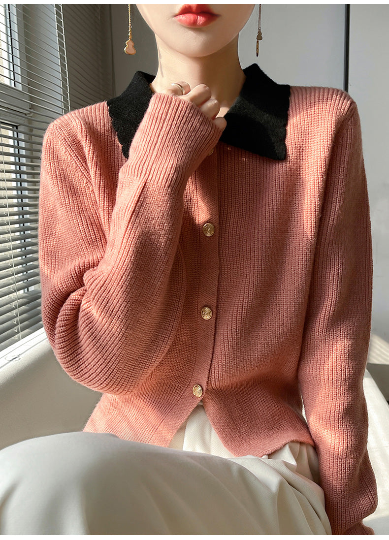 Women's Lapel V Neck Cardigan Sweater Knit Blouse