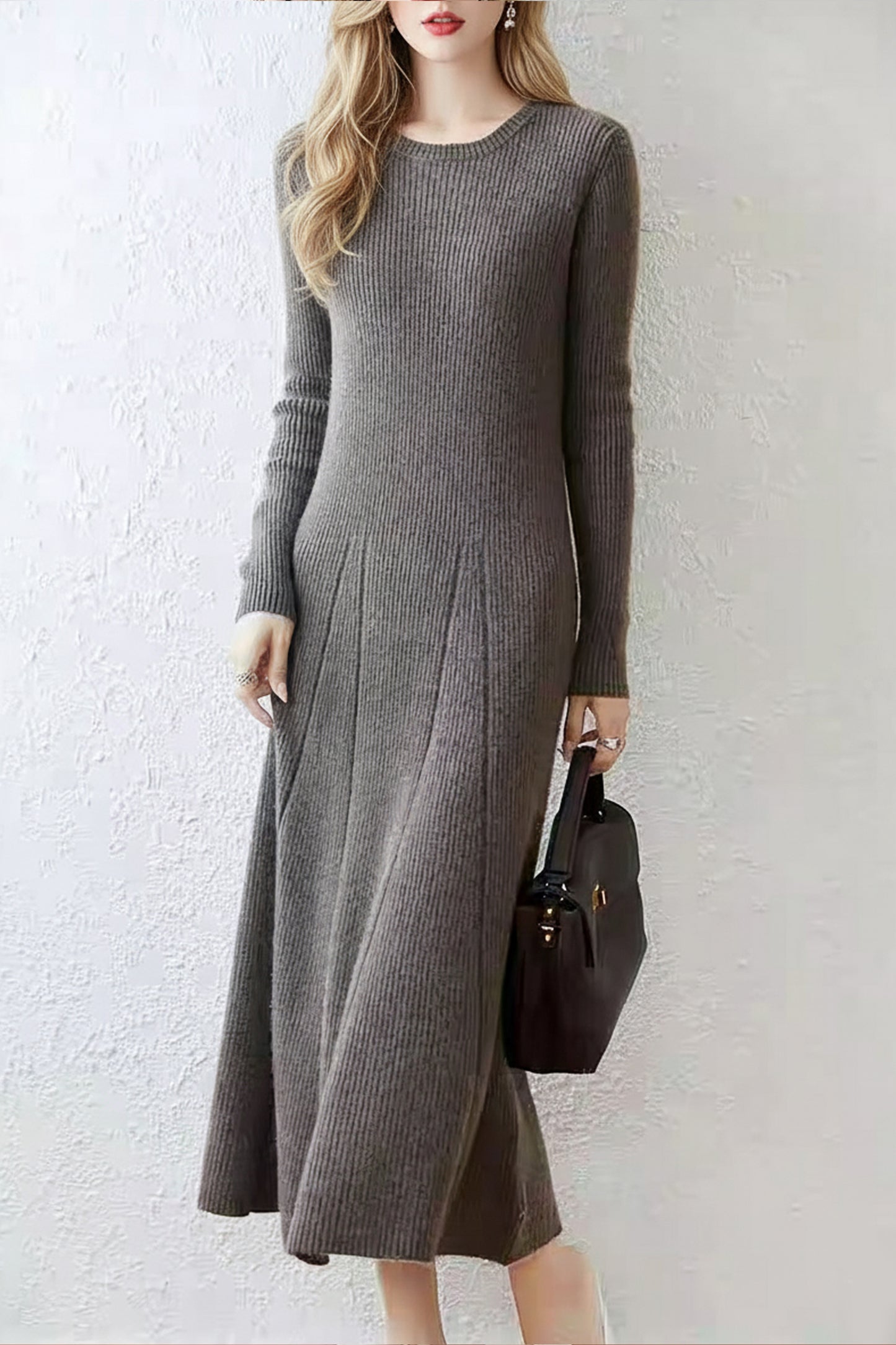Women's Round Neck Sweater Ribbed Knit Maxi Dress