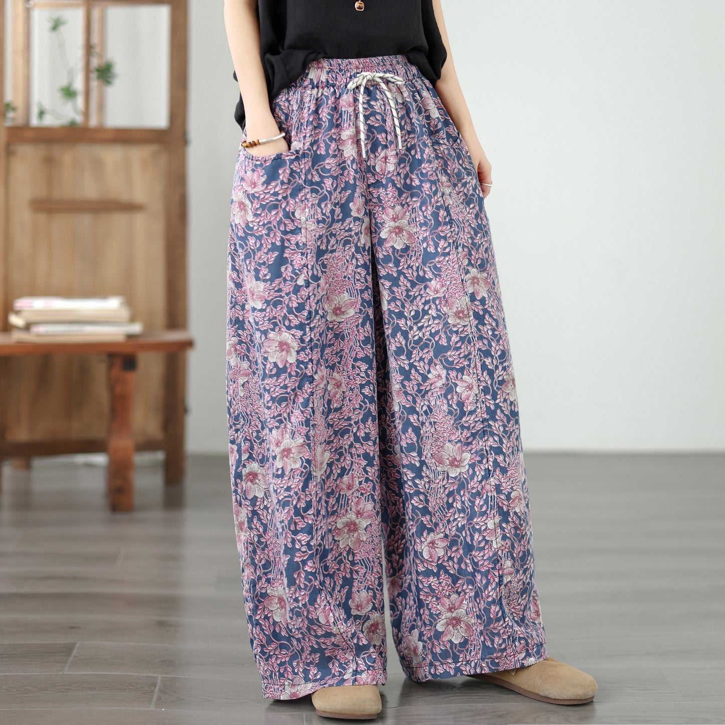 Women's Wide Leg Jeans Lightweight Wasited Elastic Print Y2K Pants - LAI MENG FIVE CATS