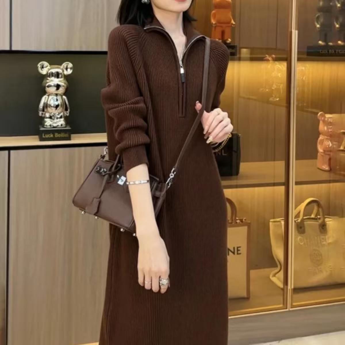 Women's Knit Long Sleeve Quarter Zip Sweater Maxi Dress