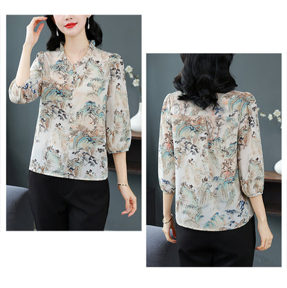 Women's Floral Print Ruffle Button Loose Blouses Top