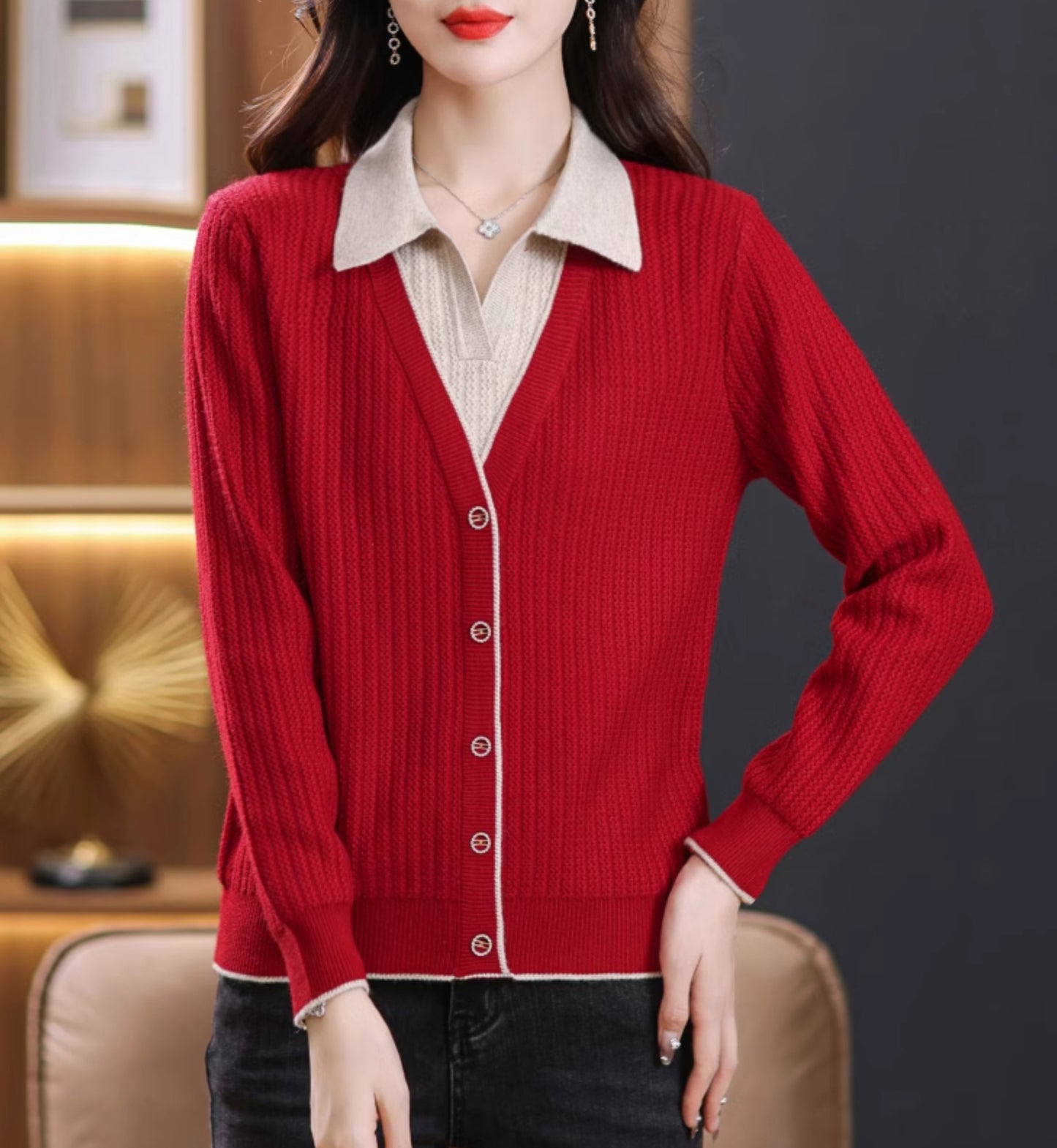 Women's Sweaters Lapel Ribbed Knit Pullover Shirt