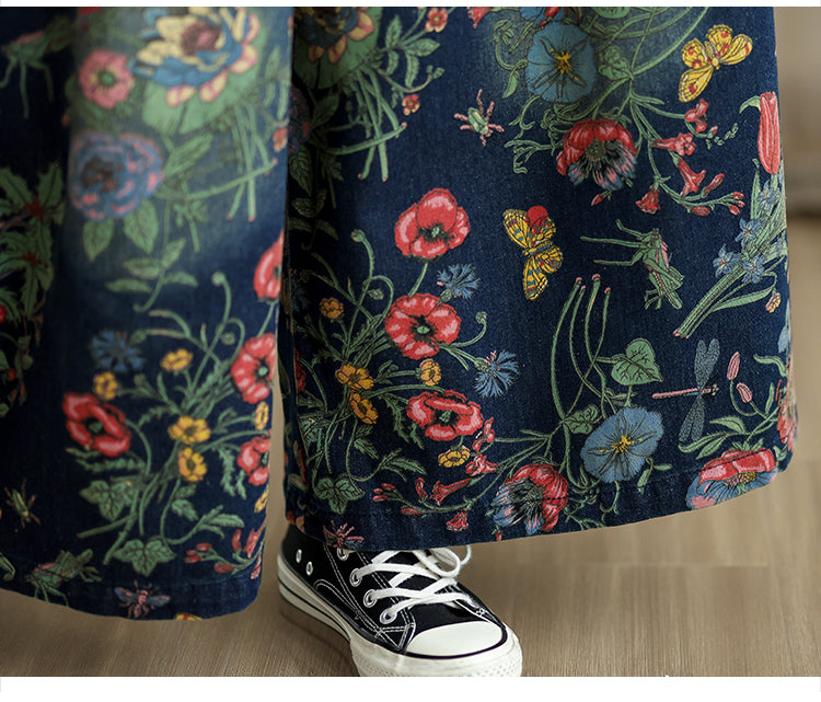 Vintage Floral Wide Leg Denim Pants Women's Boho Loose Casual Trousers