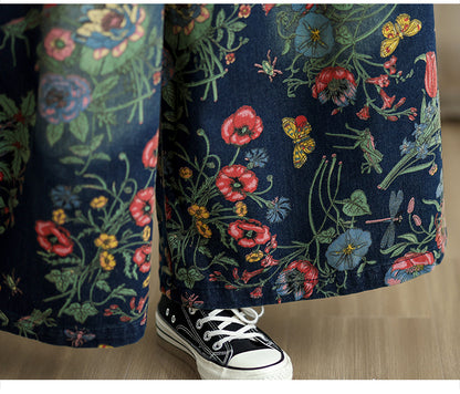Vintage Floral Wide Leg Denim Pants Women's Boho Loose Casual Trousers