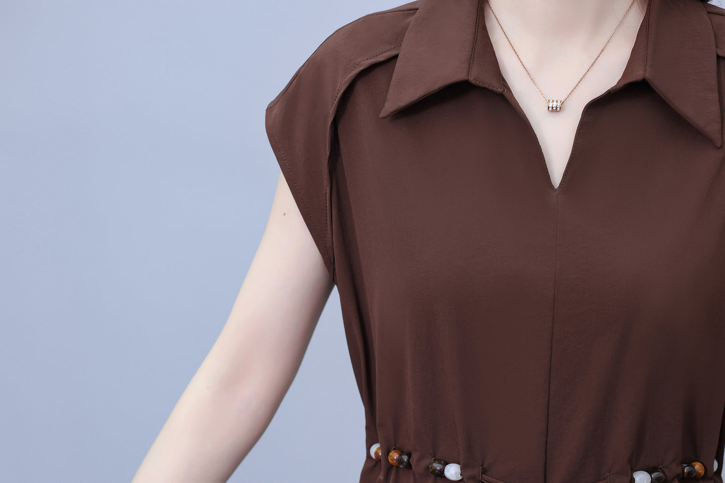 Women's V-Neck Cap Sleeve Pocket Midi Dress