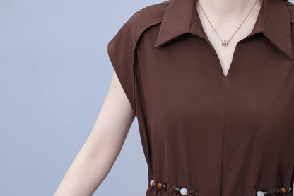 Women's V-Neck Cap Sleeve Pocket Midi Dress