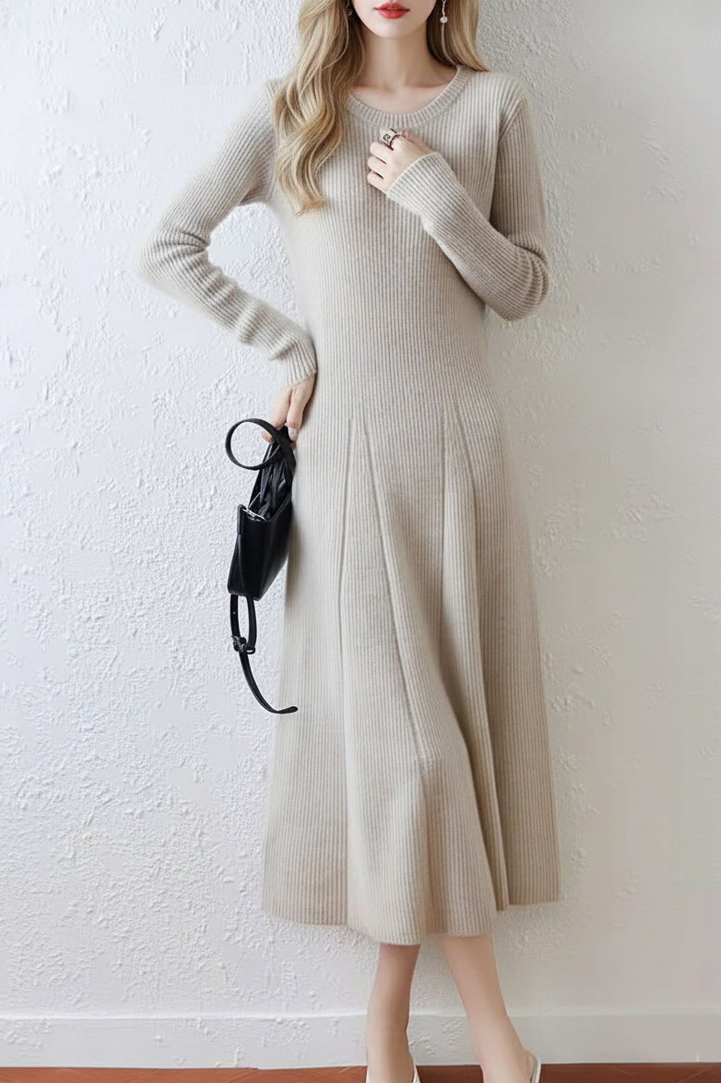 Women's Round Neck Sweater Ribbed Knit Maxi Dress