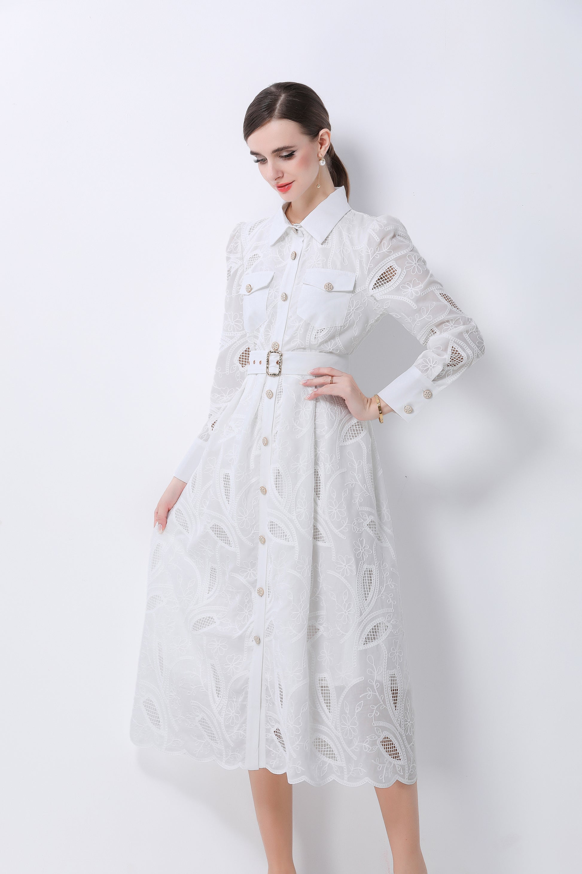 Women's Embroidery Hollow Out Lace Midi Dress - LAI MENG FIVE CATS