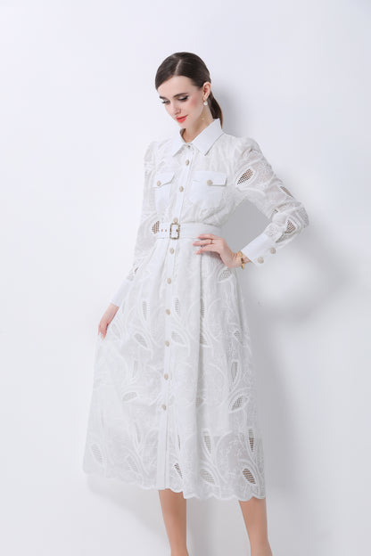 Women's Embroidery Hollow Out Lace Midi Dress - LAI MENG FIVE CATS