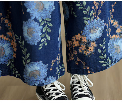 26804 Blue Floral Print Wide-Leg Jeans with Elastic Waist