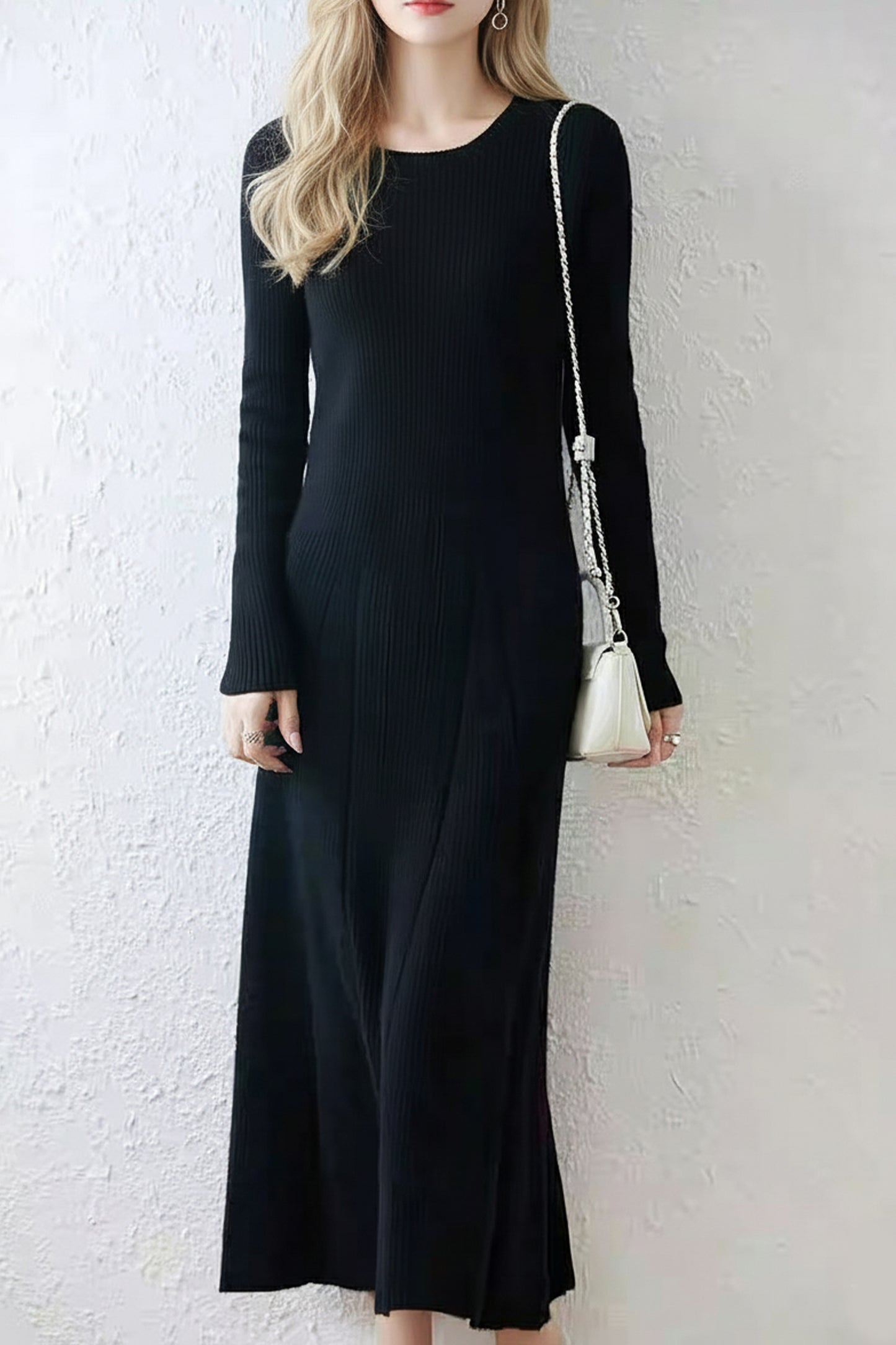 Women's Round Neck Sweater Ribbed Knit Maxi Dress