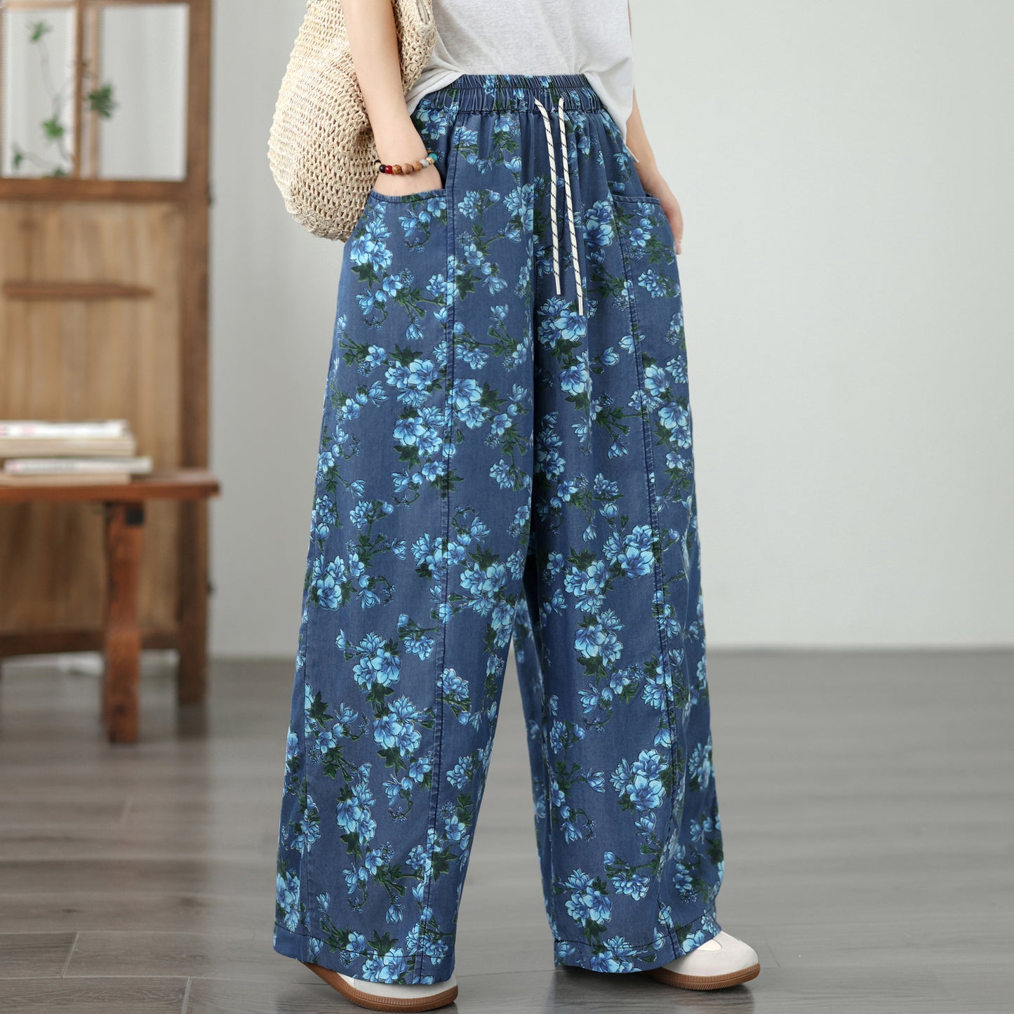 Women's Wide Leg Jeans Lightweight Wasited Elastic Print Y2K Pants - LAI MENG FIVE CATS