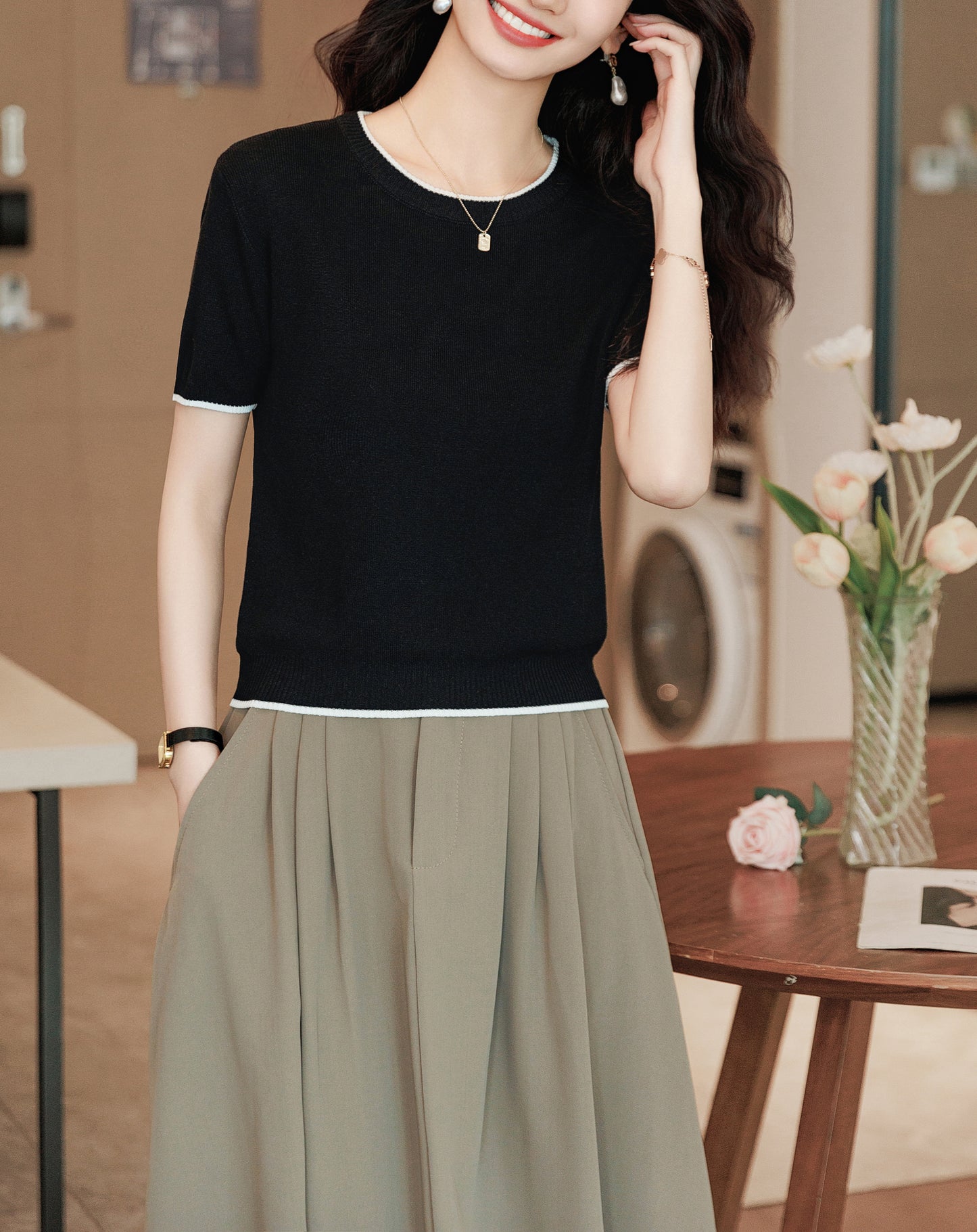 Women's Short Sleeve Ribbed Knit Tops