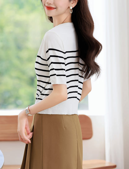 Women's Stripes Short Sleeve Knit Cardigan Tops
