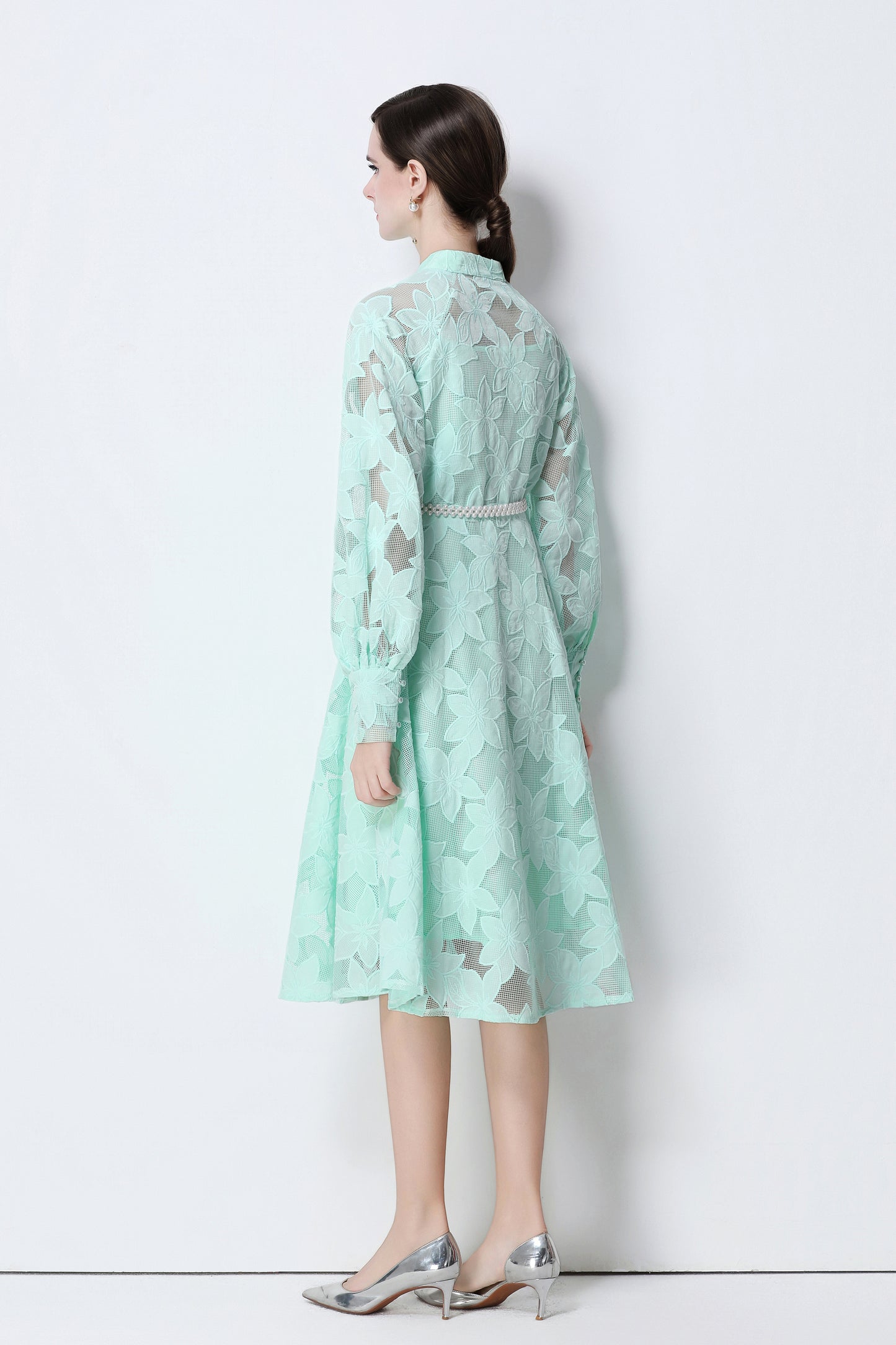 Women's Long Sleeve Eyelet Embroidery Button Midi Dress