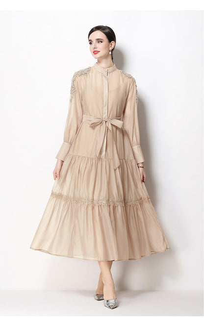 Elegant Bead Embroidery Loose Button Belted Maxi Dress - LAI MENG FIVE CATS