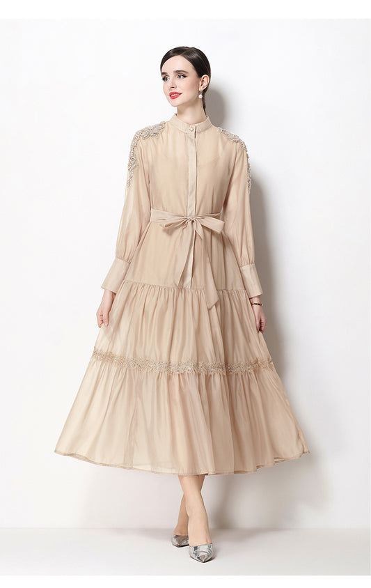 Elegant Bead Embroidery Loose Button Belted Maxi Dress - LAI MENG FIVE CATS