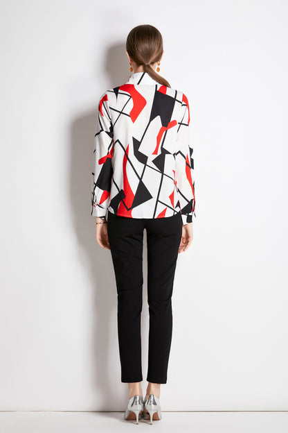 ESY-Women's Long Sleeve Lapel Collar Print Button Blouse