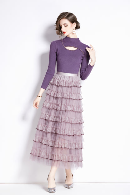 Women's 2 Piece Skirt Set Knit Top Ruffle Layered Skirt