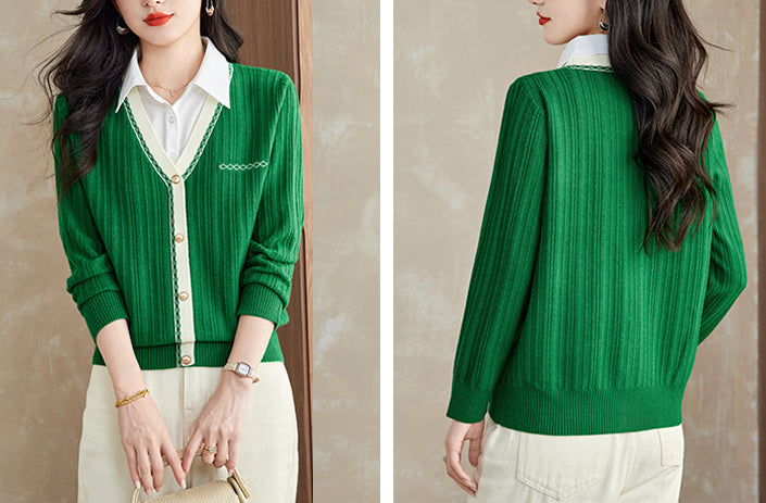 Women's Sweater 2 in 1 Lapel Ribbed Knit Pullover Top