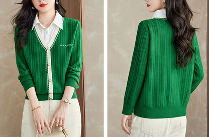 Women's Sweater 2 in 1 Lapel Ribbed Knit Pullover Top