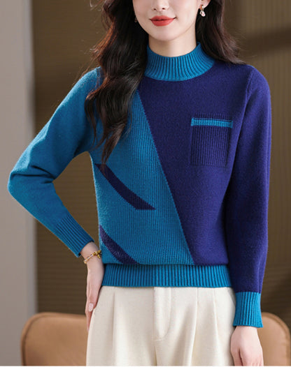 Women's Color Block Sweater Long Sleeve Ribbed Knit Tops