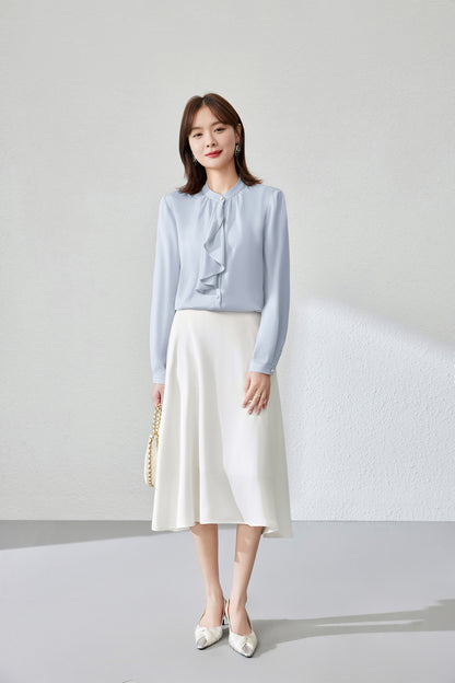 Women's Ruffle Shirt Tie Neck Long Sleeve Blouse - LAI MENG FIVE CATS