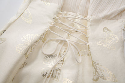Women's Tie-neck Pleated Top Satin Gilded Party Long Dress - LAI MENG FIVE CATS