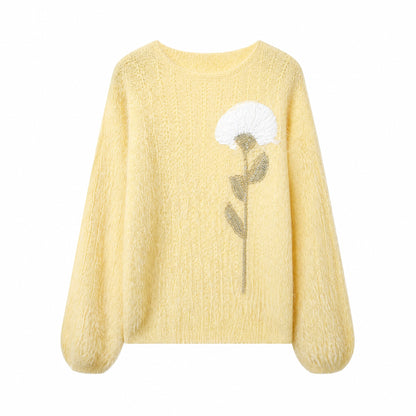 28685 Floral Embellished Cozy Knit Sweater – Soft Pink, Lavender & Butter Yellow
