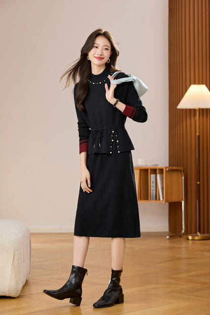 Women's Mock Neck Wool Sweater Drawstring Waist Dress