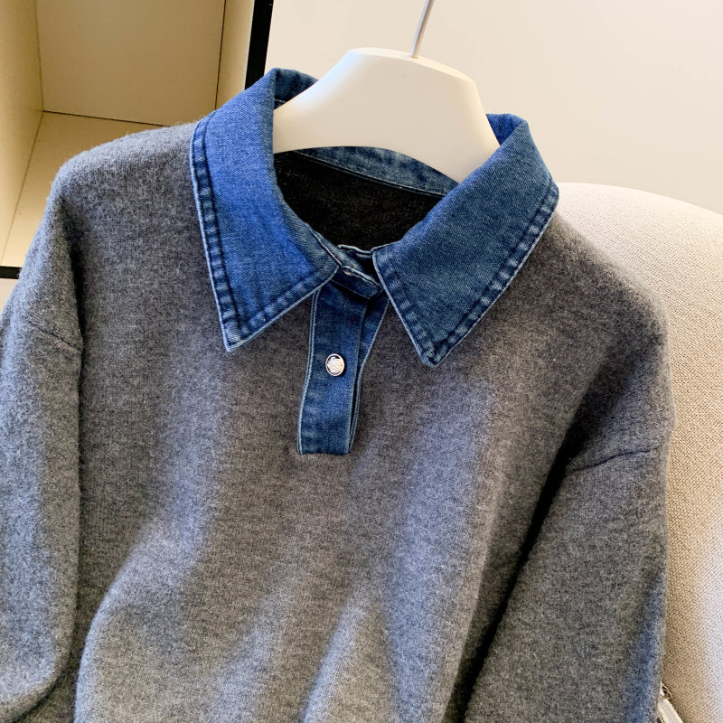 Denim Collar Color-Block Knit Sweater – Faux Two-Piece Long Sleeve Top - LAI MENG FIVE CATS