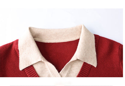 Elegant Layered Knit Sweater with Polo Collar Long Sleeve Knit Pullover - LAI MENG FIVE CATS
