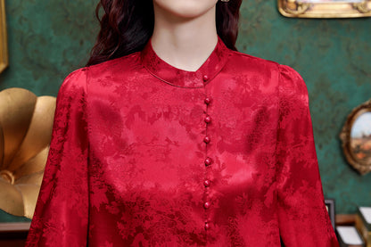 Women's Silk Satin Jacquard Long Sleeve Blouses