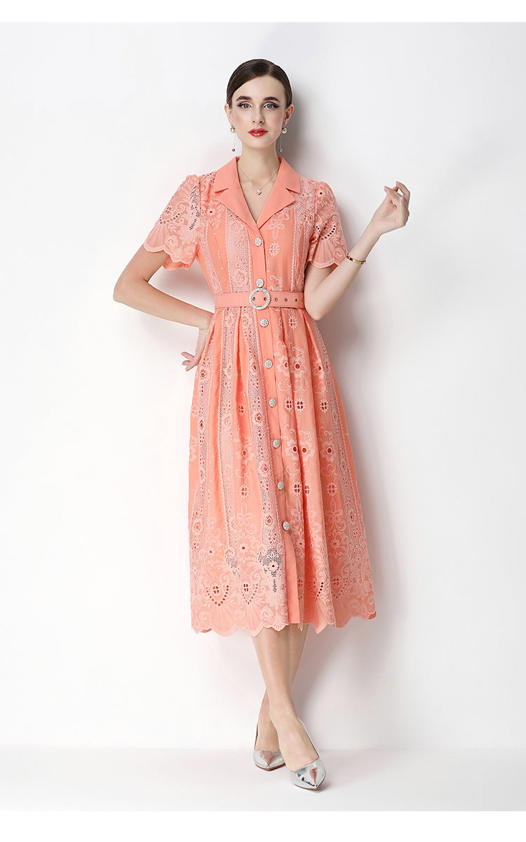 Elegant Lace Button-Front Midi Dress with Belt - LAI MENG FIVE CATS